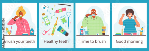 Set of posters or vertical banners about people brushing teeth flat style