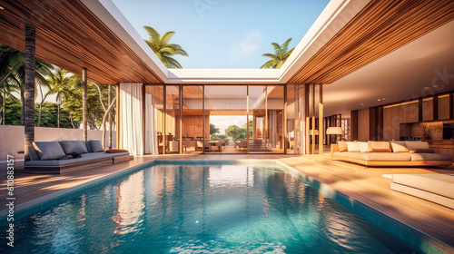 3D render, Modern Interior and pool villa Concept: Embracing the Timeless Elegance and Tranquility of Aesthetics, Creating a Harmonious Fusion of Indoor and Outdoor Spaces © Nuchjara