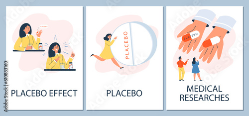 Set of posters or vertical banners about placebo effect flat style