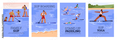 People sub boarding or paddle boarding - posters set templates flat vector illustration.