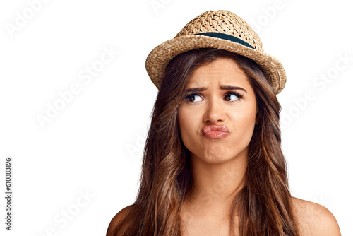 Thinking, beauty and young woman with idea, dreaming or thoughtful facial expression. Beautiful, straw hat and female model with question or contemplating face isolated by transparent png background.