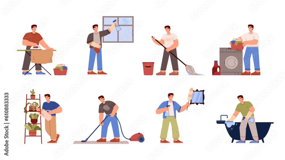 Set of man doing household chores, flat vector illustration isolated on white background.