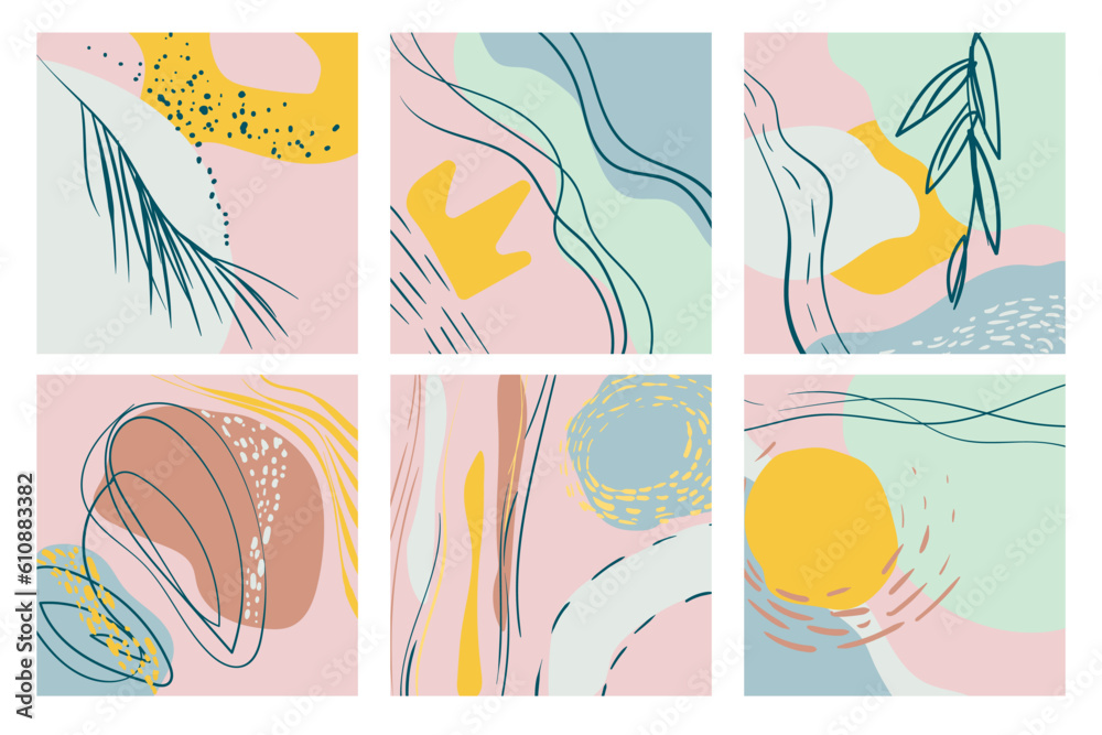 Set of six abstract posters. Hand drawn various shapes and doodles. Modern contemporary trendy vector illustration. Suitable for textile, interior decoration, background. Each background is isolated. Set of six abstract posters. Hand drawn various shapes and doodles. Modern contemporary trendy vector illustration. Suitable for textile, interior decoration, background. Each background is isolated.