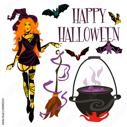 Vector illustration of a witch with bats  a cauldron  a broom and the inscription Happy Halloween for a party invitation card  poster. Greeting card  banner for the Day of the Dead. Printing in bright