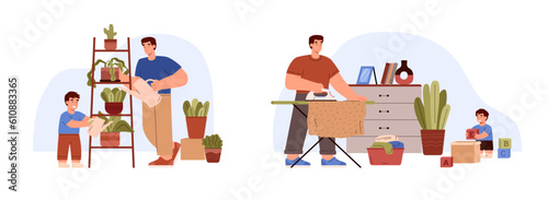 Man doing household chores together with kid, flat vector illustration isolated on white background.