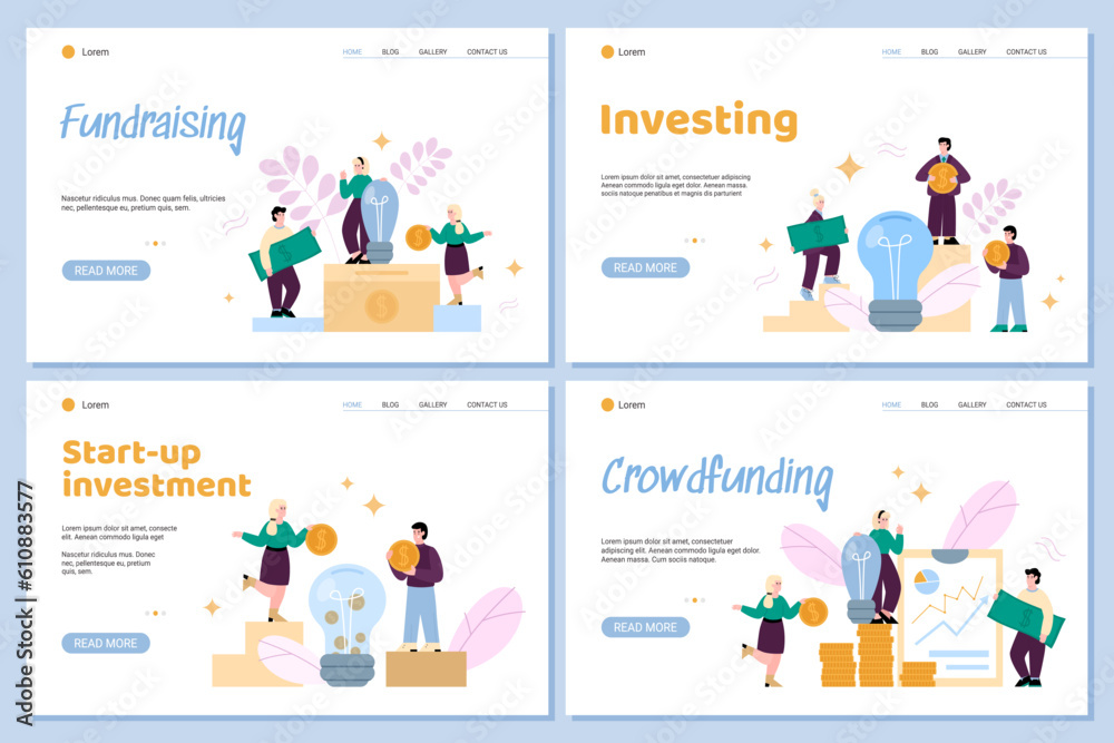 Set of web banner for crowdfunding, investment and funding into business idea.