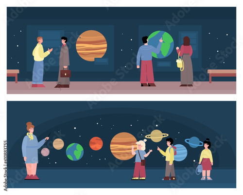 Set backgrounds with visitors of planetarium, flat cartoon vector illustration.