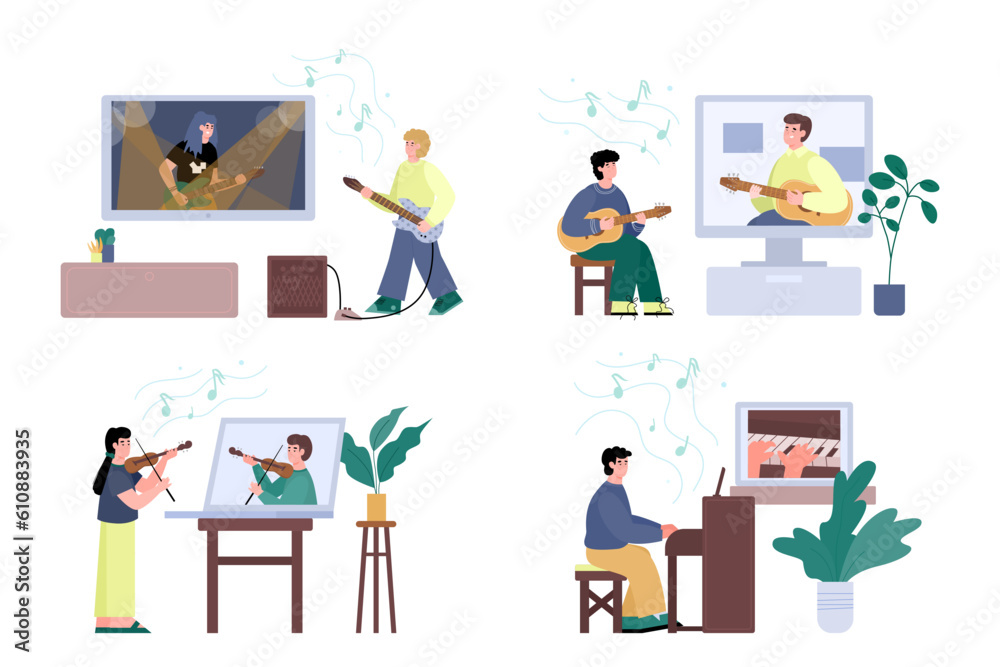 Learning or conducting online music lessons a vector illustrations.