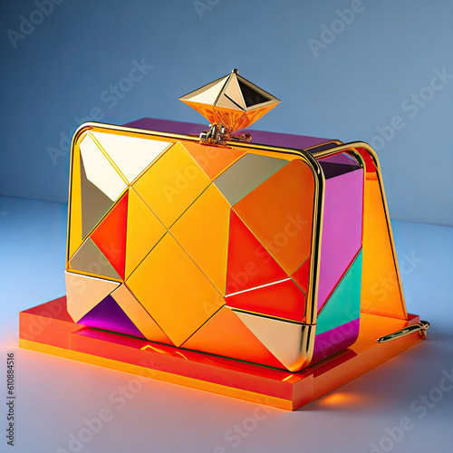 a colorful purse in a rectangular shape is in front of a light table, in the style of translucent geometries, light amber and gold, hard surface modeling, generative AI