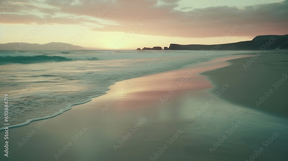Film style of a tranquil morning scene capturing a sea