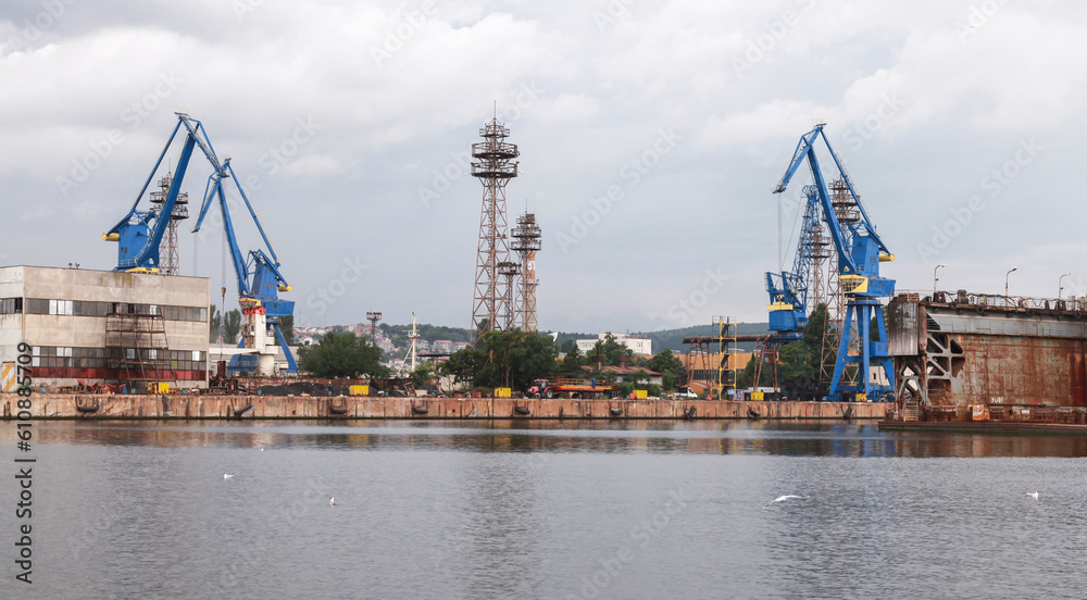 Port cranes and docks, coastal view of Varna wharf