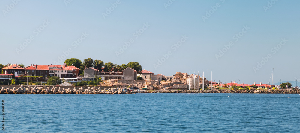 Nessebar old town, panoramic coastal landscape on a sunny day