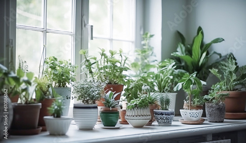 Ai generative. Potted houseplants on windowsill indoors