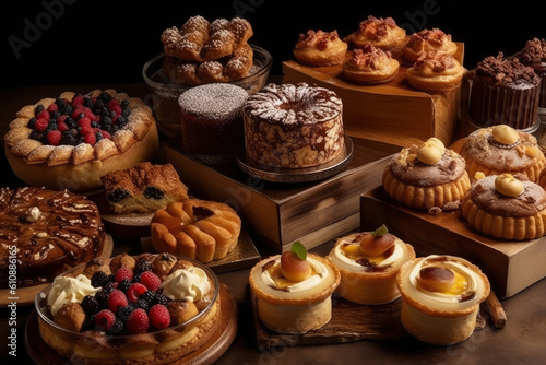 Many different delicious sweet pastries, cakes, rolls and muffins with fresh fruits and berries, tasty assorted desserts, AI Generated