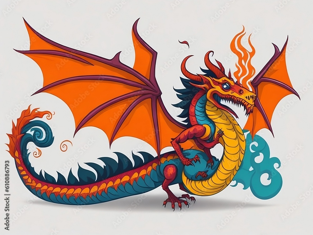 Fairy tale dragon, magic creature with tail and wings. cartoon illustration of fire breathing monsters from medieval mythology, fantasy red and green flying beasts isola, Generative AI, Generative, AI Fairy tale dragon, magic creature with tail and wings. cartoon illustration of fire breathing monsters from medieval mythology, fantasy red and green flying beasts isola, Generative AI, Generative, AI