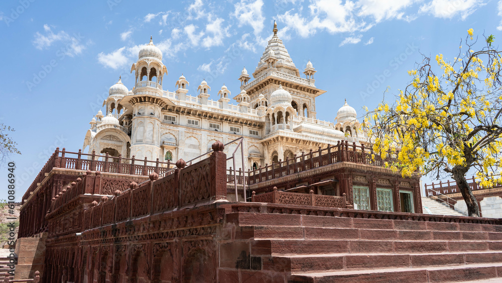 Marble palace in India with staircase and blue sky