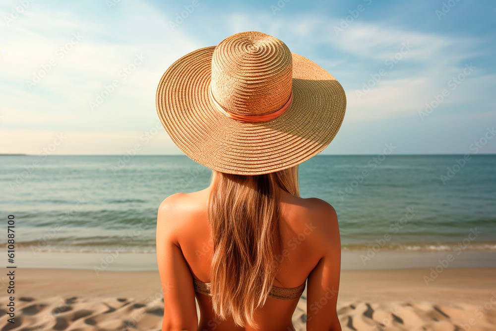 Portrait of an attractive young woman in straw hat  on the beach. Back view.