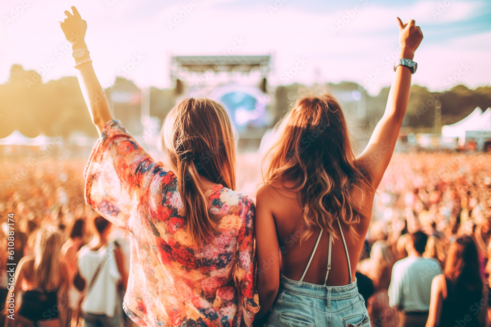 Two women enjoying a concert at a music festival. Back view - obrazy, fototapety, plakaty 