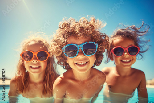 Three little kids in funny sunglasses on the edge of the pool
