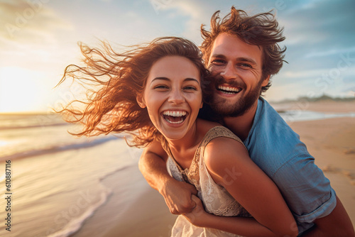 Beautiful young couple smiling on a summer day at the beach photo