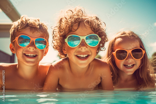 Three little kids in funny sunglasses on the edge of the pool