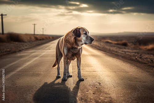 Sad abandoned dog on the road in summer vacation