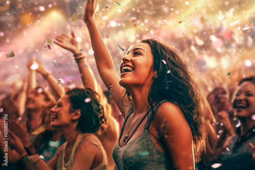 Two women laughing and having a good time at a concert at a music festival