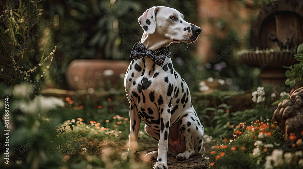 Dapper Dalmatian in a Bowtie Standing in a Garden