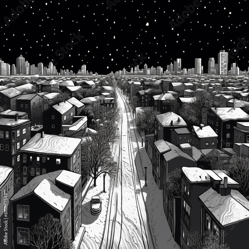 Snowy winter night city in a minimal linocut style illustration , black and white. Created with Generative AI technology 