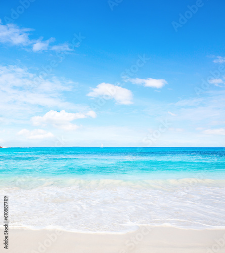 Tropical white sand beach and blue sky at summer sunny day. Idyllic tropical beach scene. 