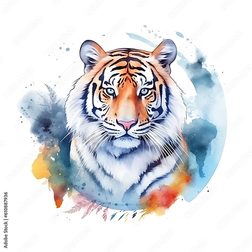 Colorful painting of a tiger on a white background