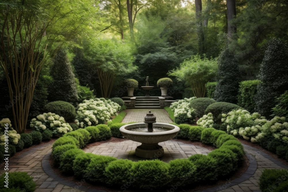 Fountain paths bushes plants. Generate Ai Fountain paths bushes plants. Generate Ai