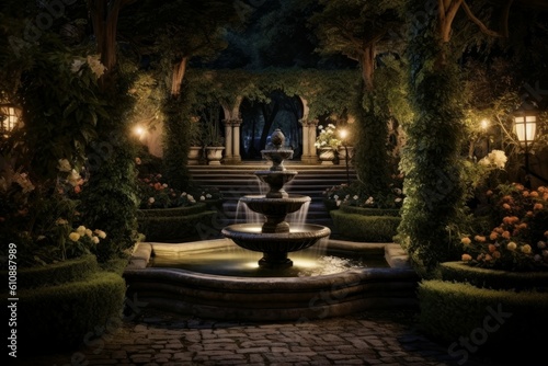 Fountain paths bushes night. Generate Ai