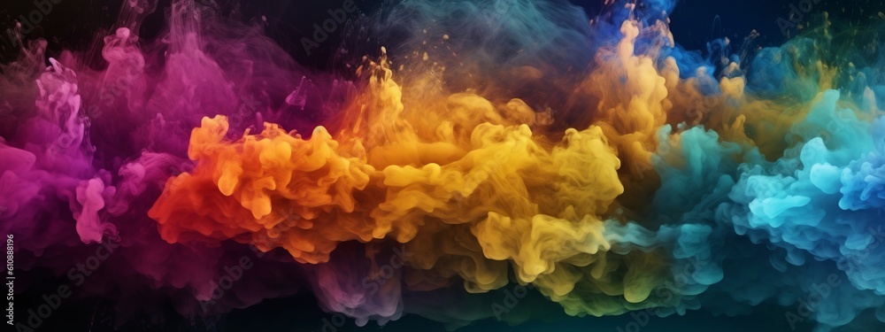 Abstract paint water. Color mist. Magic spell mystery. Bold colors rainbow contrast vapor floating splash cloud texture background banner Generative AI