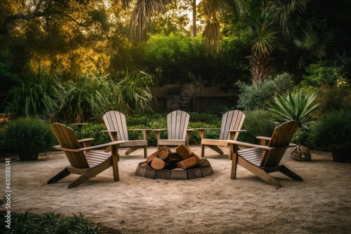 Four chair fire pit backyard. Generate Ai