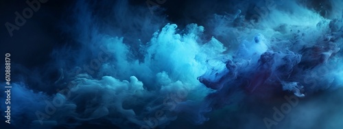 Abstract paint water. Color mist. Magic spell mystery. Dark blue contrast vapor floating splash cloud texture background banner Generative AI