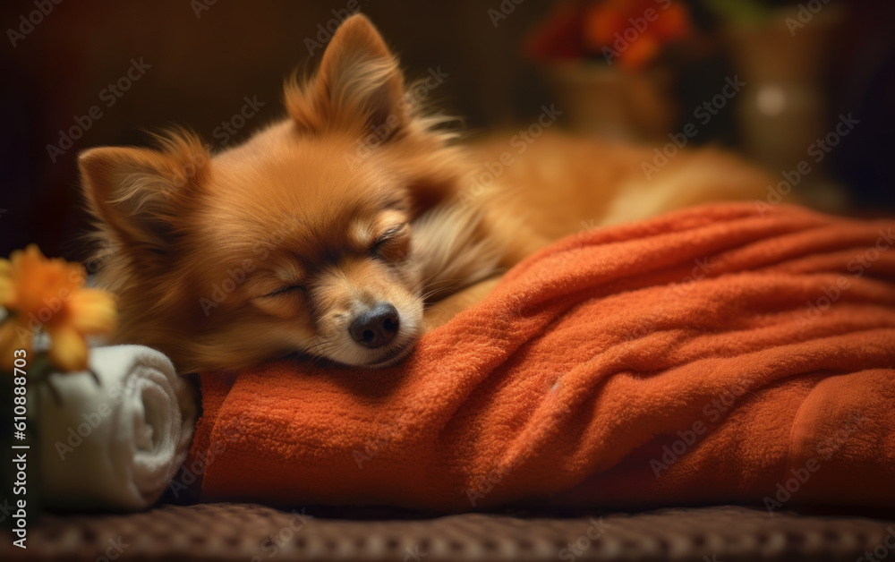 Blissful Rest: Sleeping Pomeranian Dog in Spa Studio. Generative AI Blissful Rest: Sleeping Pomeranian Dog in Spa Studio. Generative AI