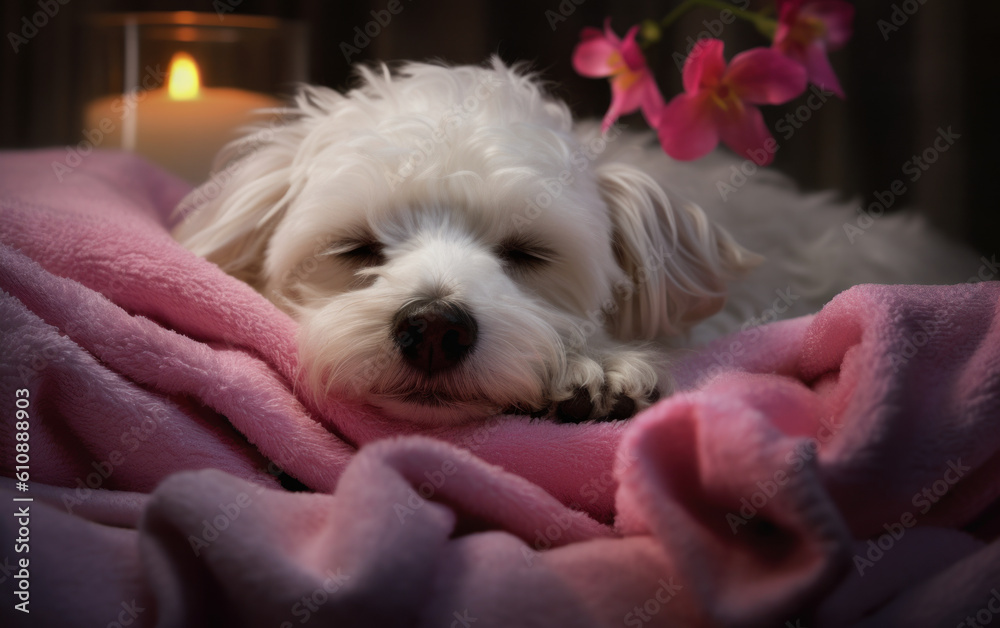 Tranquil Spa Retreat: Sleeping Maltese Dog with Candles and Flowers. Generative AI Tranquil Spa Retreat: Sleeping Maltese Dog with Candles and Flowers. Generative AI