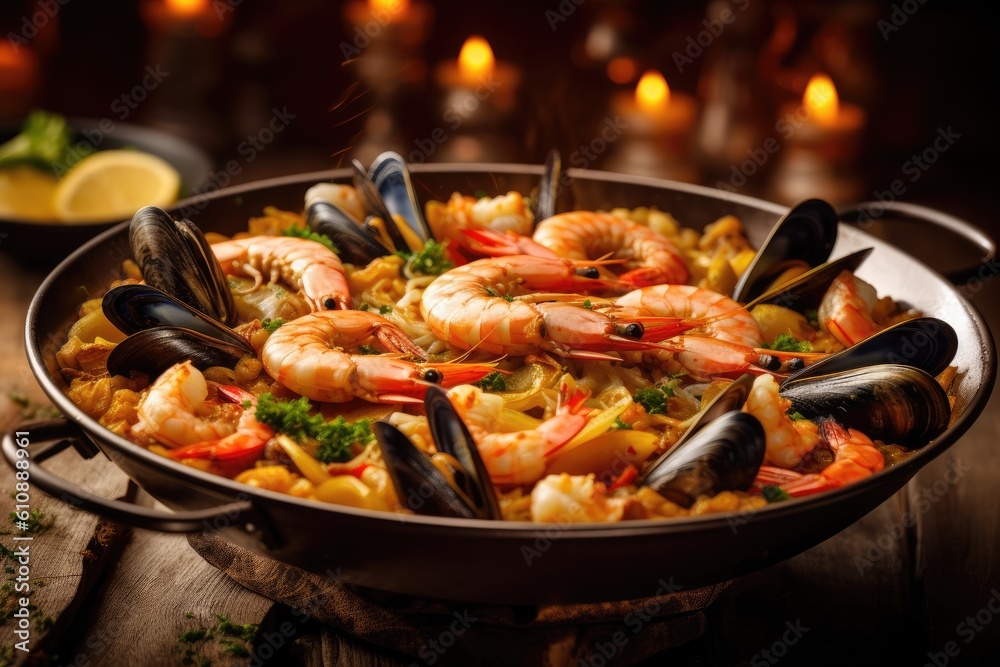 Traditional seafood paella in the pan. Generative AI Traditional seafood paella in the pan. Generative AI