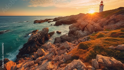 Colorful morning scene of Sardinia, Italy, Europe. Fantastic sunrise on Capo San Marco Lighthouse on Del Sinis peninsula. Generative AI