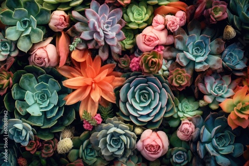 Collection of small decorative succulents, top view. Generative AI