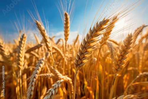 Gold wheat field and blue sky. Generative AI