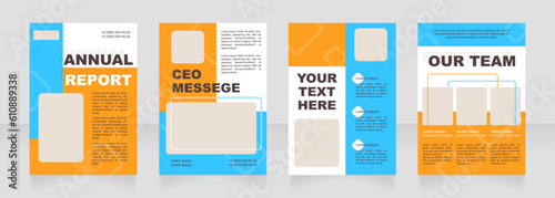 Blue and orange blank brochure layout design. Financial info. Vertical poster template set with empty copy space for text. Premade corporate reports collection. Editable flyer paper pages