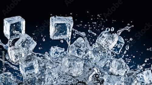 Ice cubes and water splashes on black background. 3d rendering