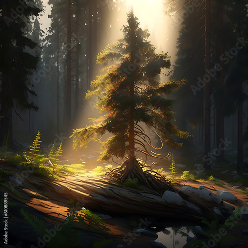 Pine tree in the forest with sunlight filtering through