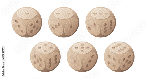 Set of 3D wooden dice with texture. 