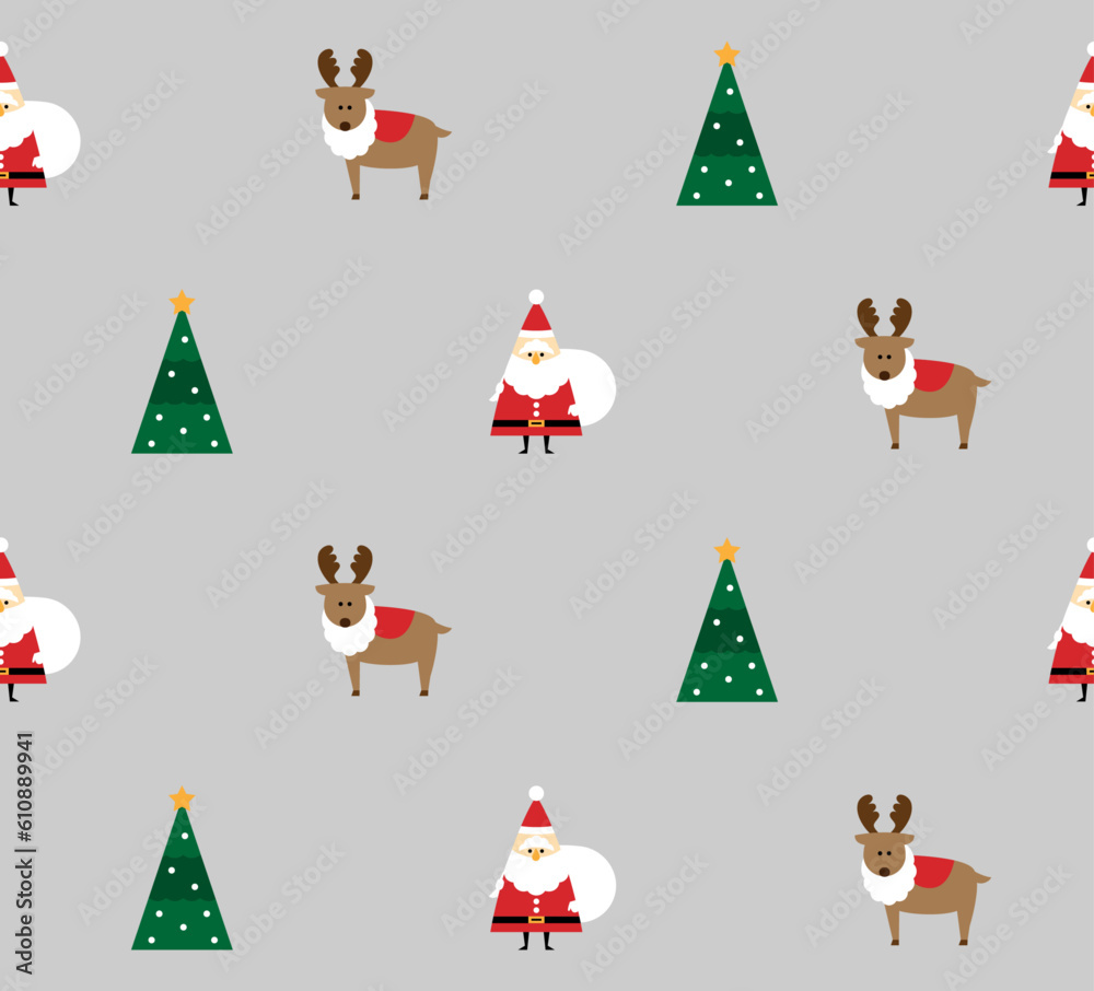 サンタクロース・トナカイ・クリスマスツリー柄のシームレスパターン（グレー）
