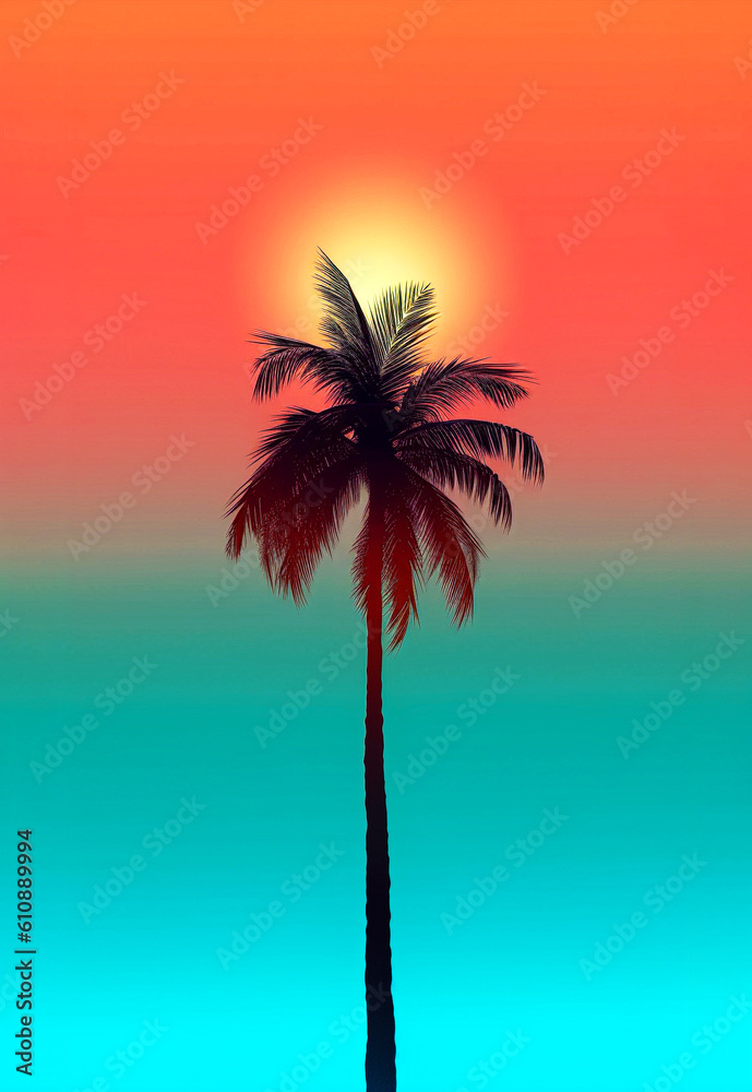 Summer minimal background of palm tree and palm leaf with sun rays passing through. Warm summer colors and tones. Illustration. Generative AI.