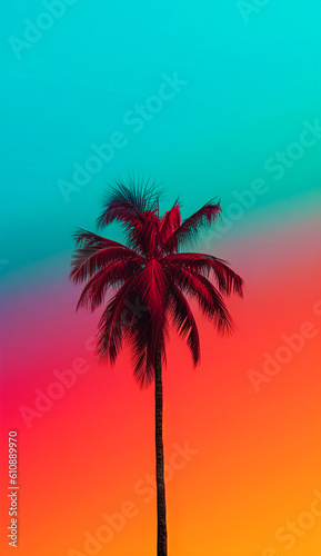 Summer minimal background of palm tree and palm leaf with sun rays passing through. Warm summer colors and tones. Illustration. Generative AI.