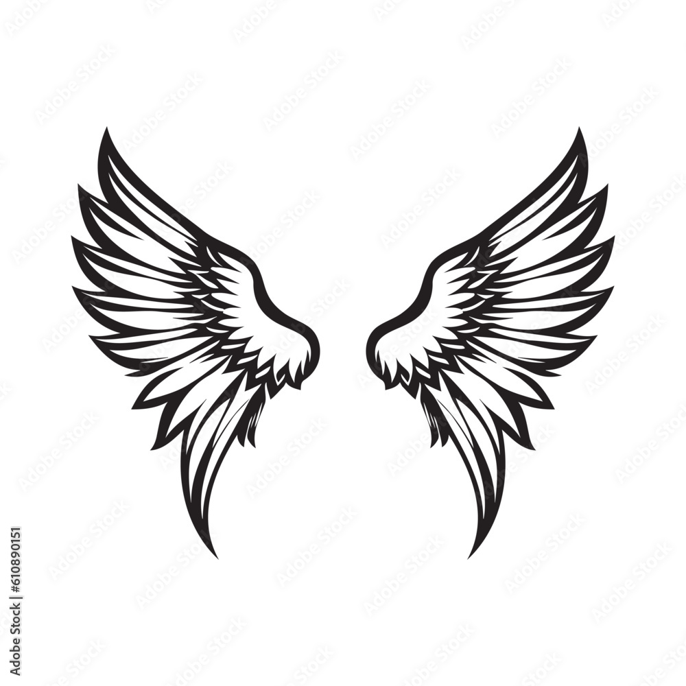 Fototapeta premium Wings black and white vector icon.